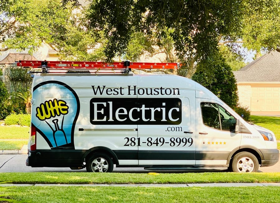 West Houston Electric technicians’ service van featuring company logo and phone number, symbolizing trusted Houston electrical services for residential and commercial clients.